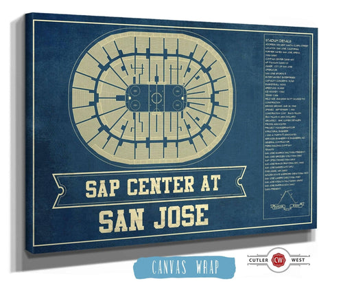 14" x 11" / Stretched Canvas Wrap Cutler West San Jose Sharks - SAP Center (San Jose Arena) Vintage Hockey Blueprint NHL Print
