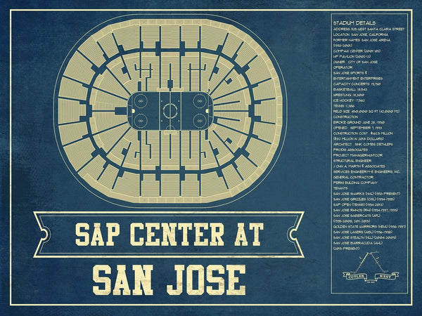 14" x 11" / Unframed Cutler West San Jose Sharks - SAP Center (San Jose Arena) Vintage Hockey Blueprint NHL Print
