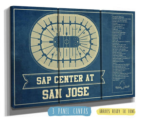 48" x 36" / 3 Panel Canvas Wrap Cutler West San Jose Sharks - SAP Center (San Jose Arena) Vintage Hockey Blueprint NHL Print