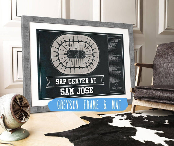 14" x 11" / Greyson Frame & Mat Cutler West San Jose Sharks Team Colors - SAP Center (San Jose Arena) Vintage Hockey Blueprint NHL Print