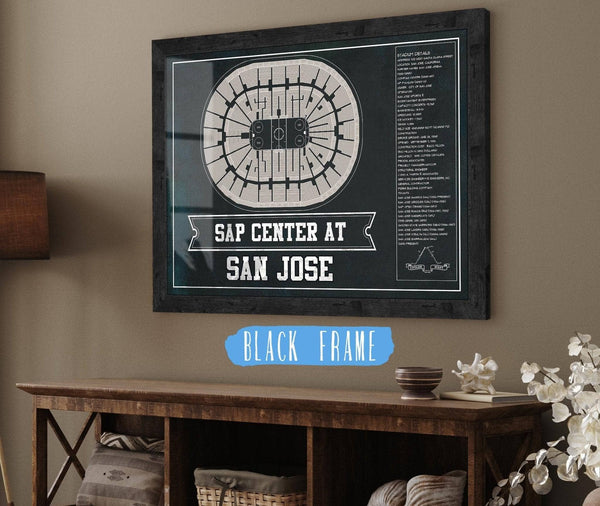 20" x 16" / Black Frame Cutler West San Jose Sharks Team Colors - SAP Center (San Jose Arena) Vintage Hockey Blueprint NHL Print