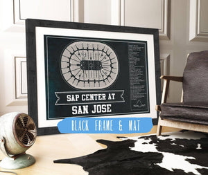 20" x 16" / Black Frame & Mat Cutler West San Jose Sharks Team Colors - SAP Center (San Jose Arena) Vintage Hockey Blueprint NHL Print