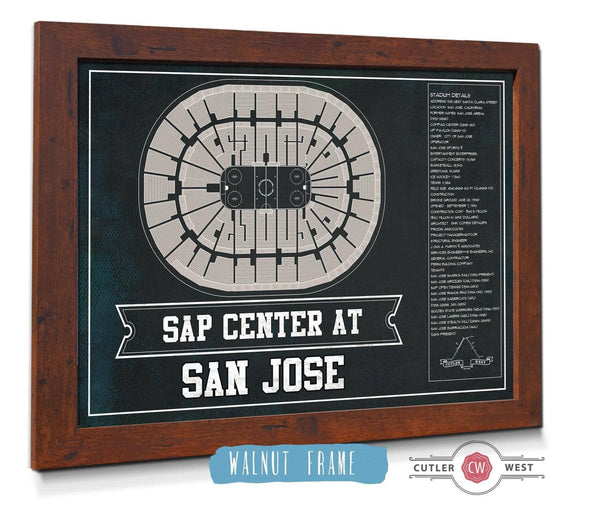 20" x 16" / Walnut Frame Cutler West San Jose Sharks Team Colors - SAP Center (San Jose Arena) Vintage Hockey Blueprint NHL Print