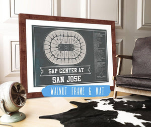 20" x 16" / Walnut Frame & Mat Cutler West San Jose Sharks Team Colors - SAP Center (San Jose Arena) Vintage Hockey Blueprint NHL Print