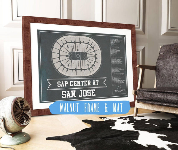 20" x 16" / Walnut Frame & Mat Cutler West San Jose Sharks Team Colors - SAP Center (San Jose Arena) Vintage Hockey Blueprint NHL Print