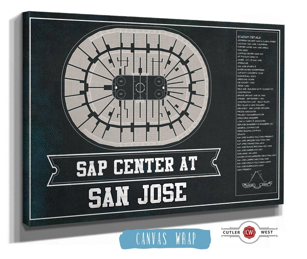 36" x 24" / 3 Panel Canvas Wrap Cutler West San Jose Sharks Team Colors - SAP Center (San Jose Arena) Vintage Hockey Blueprint NHL Print