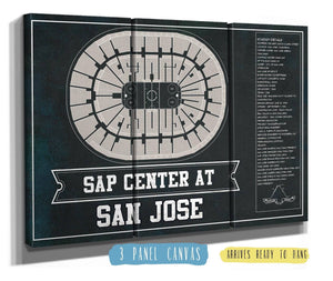 48" x 36" / 3 Panel Canvas Wrap Cutler West San Jose Sharks Team Colors - SAP Center (San Jose Arena) Vintage Hockey Blueprint NHL Print