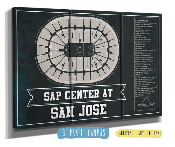 48" x 36" / 3 Panel Canvas Wrap Cutler West San Jose Sharks Team Colors - SAP Center (San Jose Arena) Vintage Hockey Blueprint NHL Print