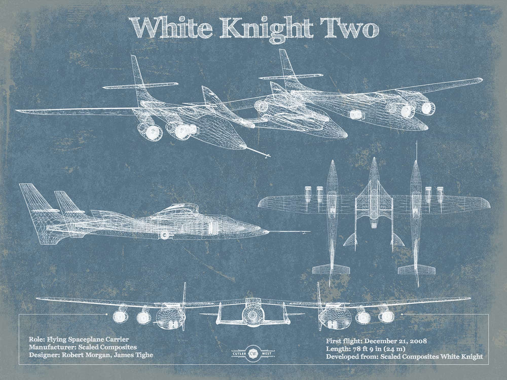 14" x 11" / Stretched Canvas Wrap Cutler West Scaled Composites White Knight Two (WK2) Original Blueprint Art