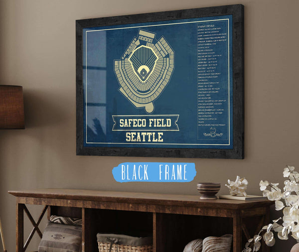 20" x 16" / Black Frame Cutler West Seattle Mariners - Safeco Field Vintage Seating Chart Baseball Print