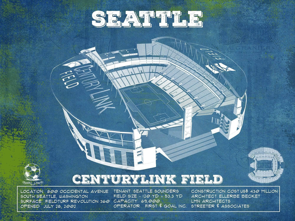 14" x 11" / Stretched Canvas Wrap Cutler West Seattle Sounders F.C. - Vintage Century Link Field MLS Soccer Print