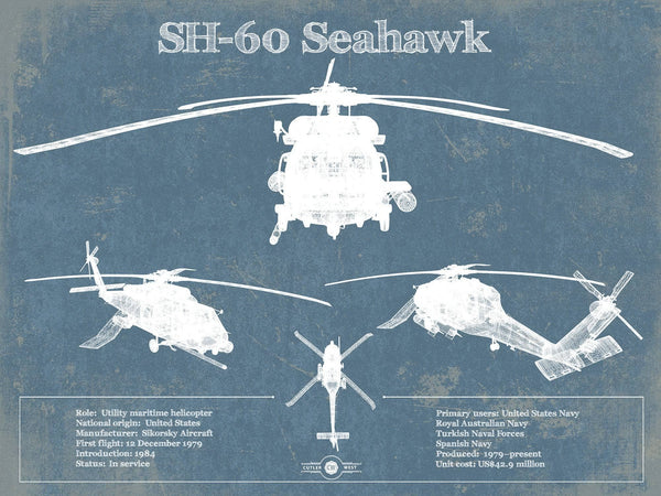 14" x 11" / Unframed Cutler West SH-60/MH-60 Seahawk Helicopter Vintage Aviation Blueprint Military Print