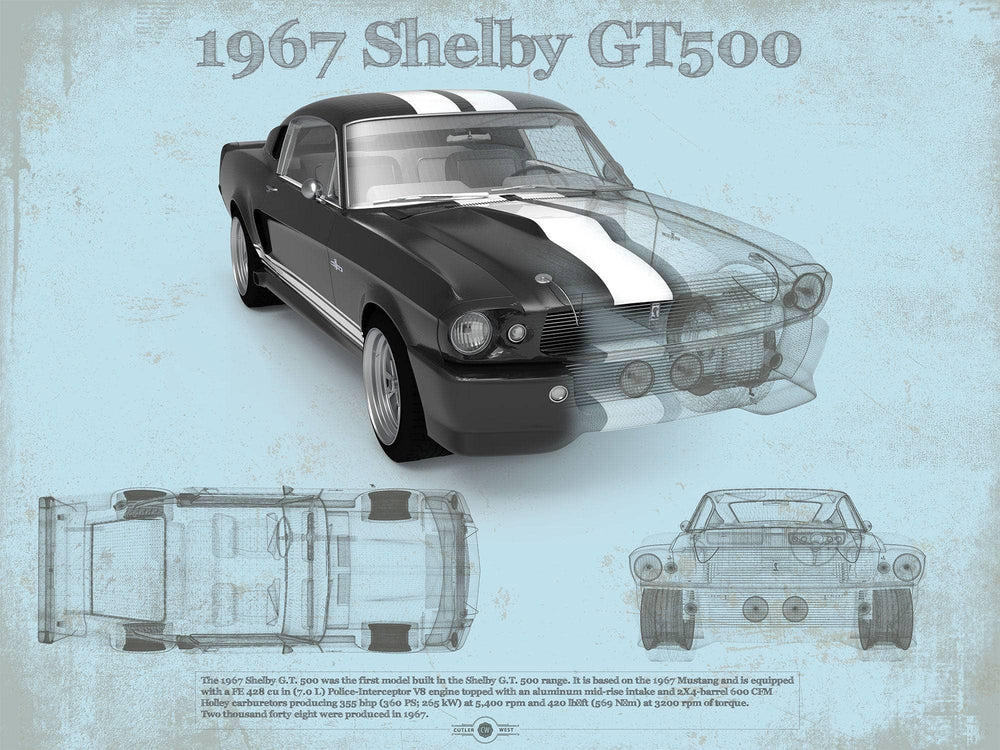 14" x 11" / Stretched Canvas Wrap Cutler West Shelby Mustang GT500 Blueprint Vintage Auto Print