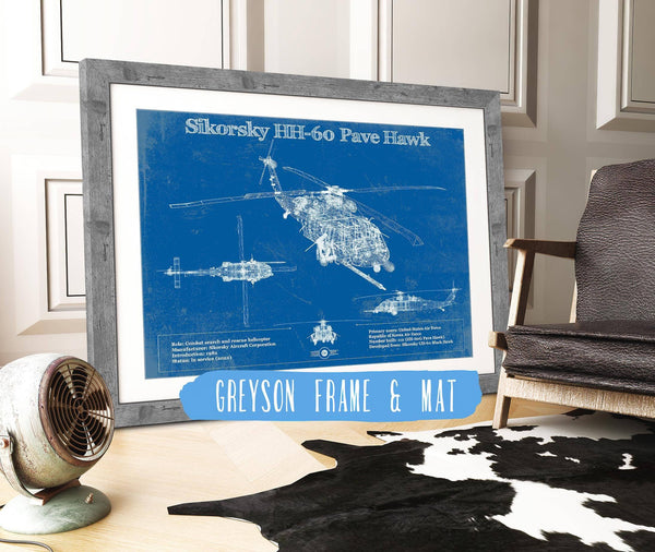 14" x 11" / Greyson Frame & Mat Cutler West Sikorsky HH-60 Pave Hawk Vintage Aviation Blueprint Military Print