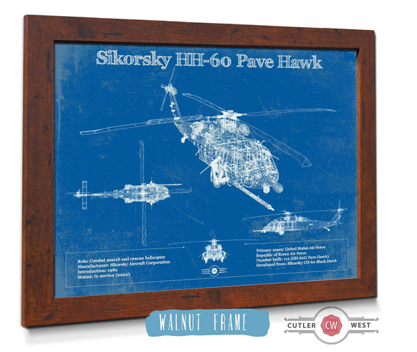 20" x 16" / Walnut Frame Cutler West Sikorsky HH-60 Pave Hawk Vintage Aviation Blueprint Military Print