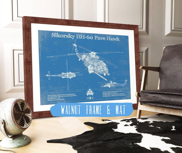 20" x 16" / Walnut Frame & Mat Cutler West Sikorsky HH-60 Pave Hawk Vintage Aviation Blueprint Military Print