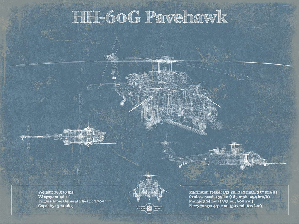 14" x 11" / Stretched Canvas Wrap Cutler West Sikorsky HH-60G Pave Hawk Vintage Blueprint Helicopter Print