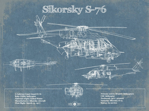 14" x 11" / Unframed Cutler West Sikorsky S-76 Helicopter Vintage Aviation Blueprint Military Print