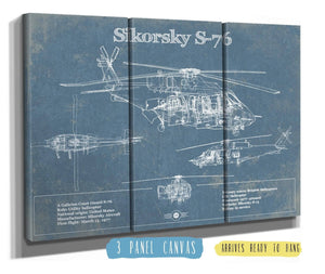 48" x 36" / 3 Panel Canvas Wrap Cutler West Sikorsky S-76 Helicopter Vintage Aviation Blueprint Military Print