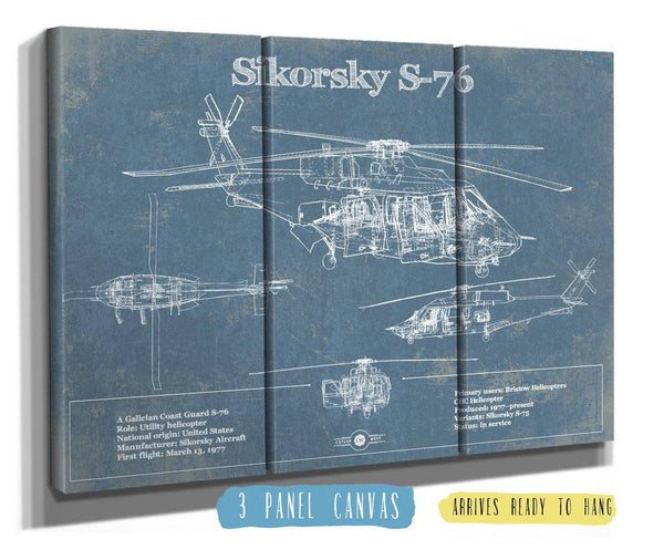 48" x 36" / 3 Panel Canvas Wrap Cutler West Sikorsky S-76 Helicopter Vintage Aviation Blueprint Military Print