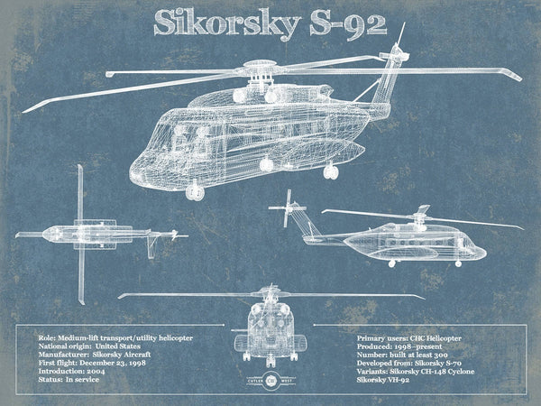 14" x 11" / Unframed Cutler West Sikorsky S-92 Helicopter Vintage Aviation Blueprint Military Print