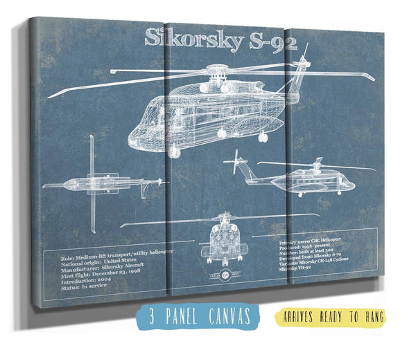 36" x 24" / 3 Panel Canvas Wrap Cutler West Sikorsky S-92 Helicopter Vintage Aviation Blueprint Military Print