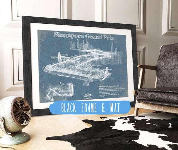 20" x 16" / Black Frame & Mat Cutler West Singapore Grand Prix Blueprint Race Track Print