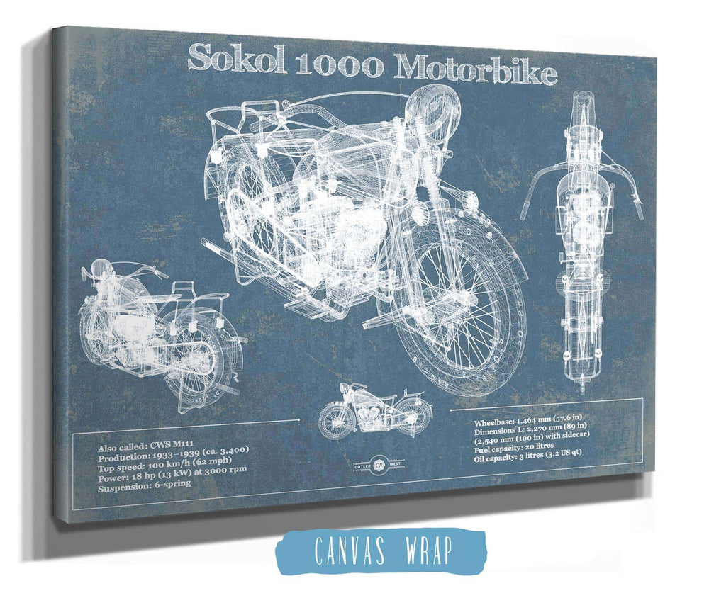 14" x 11" / Stretched Canvas Wrap Cutler West Sokol 1000 Blueprint Motorcycle Patent Print