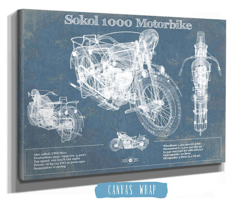 14" x 11" / Stretched Canvas Wrap Cutler West Sokol 1000 Blueprint Motorcycle Patent Print