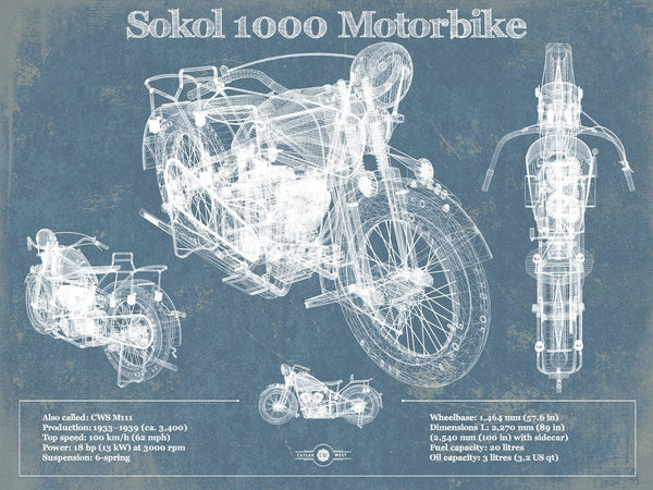 14" x 11" / Unframed Cutler West Sokol 1000 Blueprint Motorcycle Patent Print