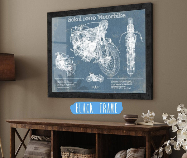 20" x 16" / Black Frame Cutler West Sokol 1000 Blueprint Motorcycle Patent Print