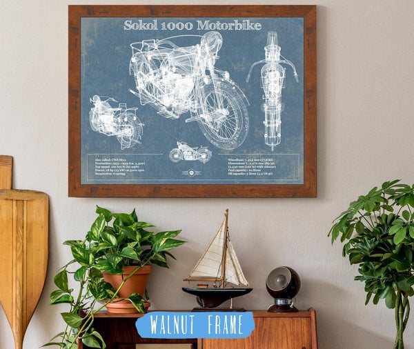 20" x 16" / Walnut Frame Cutler West Sokol 1000 Blueprint Motorcycle Patent Print