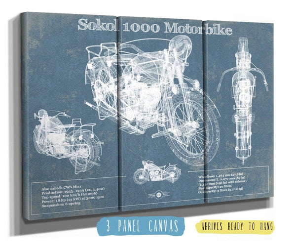 36" x 24" / 3 Panel Canvas Wrap Cutler West Sokol 1000 Blueprint Motorcycle Patent Print