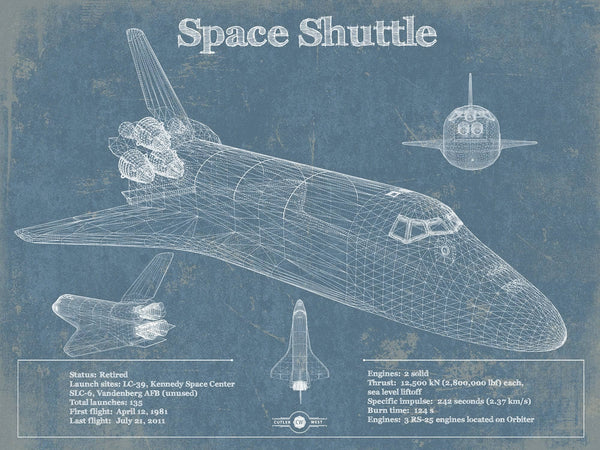 14" x 11" / Unframed Cutler West Space Shuttle Aviation Blueprint Print