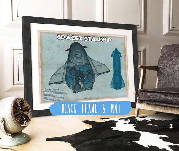 20" x 16" / Black Frame & Mat Cutler West SpaceX Starship Blue Vintage Space Exploration Print