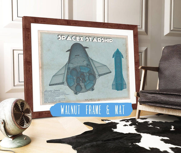 20" x 16" / Walnut Frame & Mat Cutler West SpaceX Starship Blue Vintage Space Exploration Print