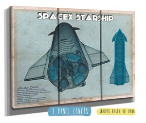 36" x 24" / 3 Panel Canvas Wrap Cutler West SpaceX Starship Blue Vintage Space Exploration Print