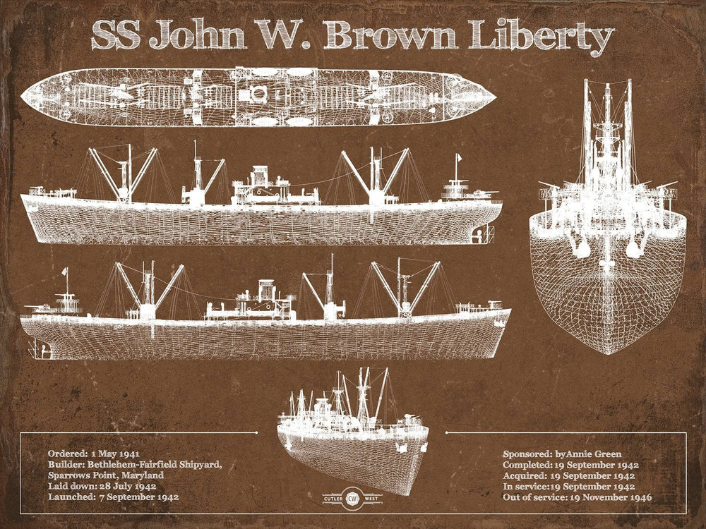 14" x 11" / Stretched Canvas Wrap Cutler West SS John W. Brown Liberty ship Blueprint Original Military Wall Art - Customizable