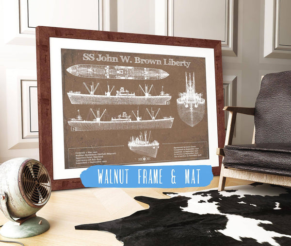 20" x 16" / Walnut Frame & Mat Cutler West SS John W. Brown Liberty ship Blueprint Original Military Wall Art - Customizable