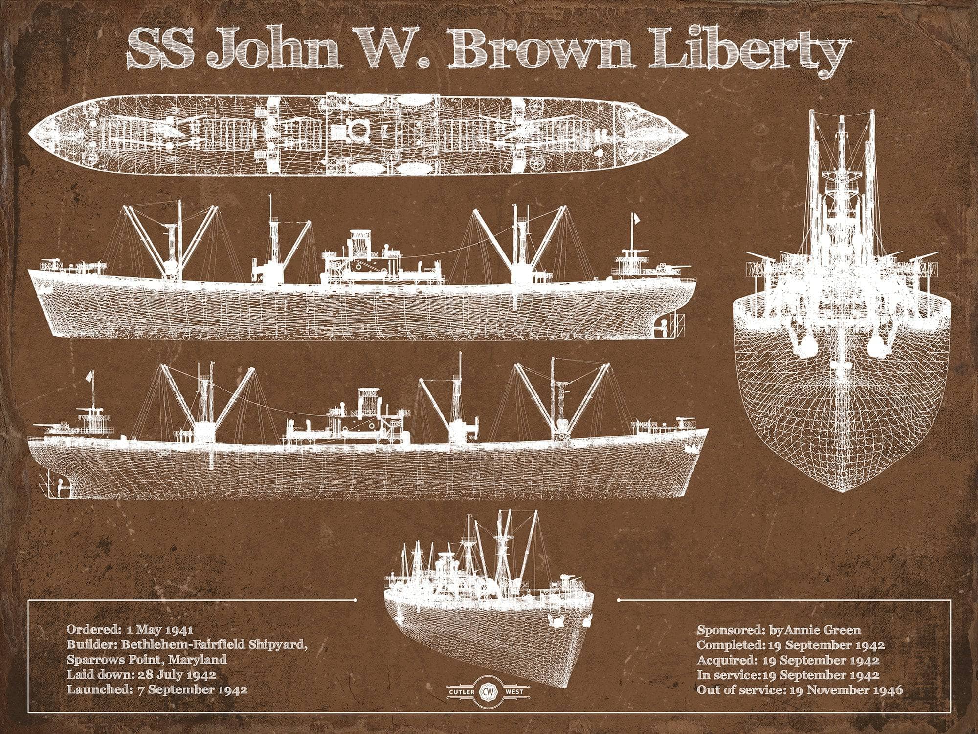 Cutler West Naval Military 14" x 11" / Unframed SS John W. Brown Liberty ship Blueprint Original Military Wall Art - Customizable 933311102_12530