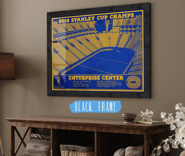 20" x 16" / Black Frame Cutler West St. Louis Blues Enterprise 2019 Stanley Cup Champions - Vintage Hockey Team Color Print