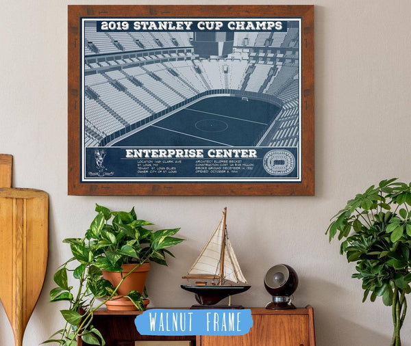 20" x 16" / Walnut Frame Cutler West St. Louis Blues Enterprise 2019 Stanley Cup Champions - Vintage Hockey Team Color Print