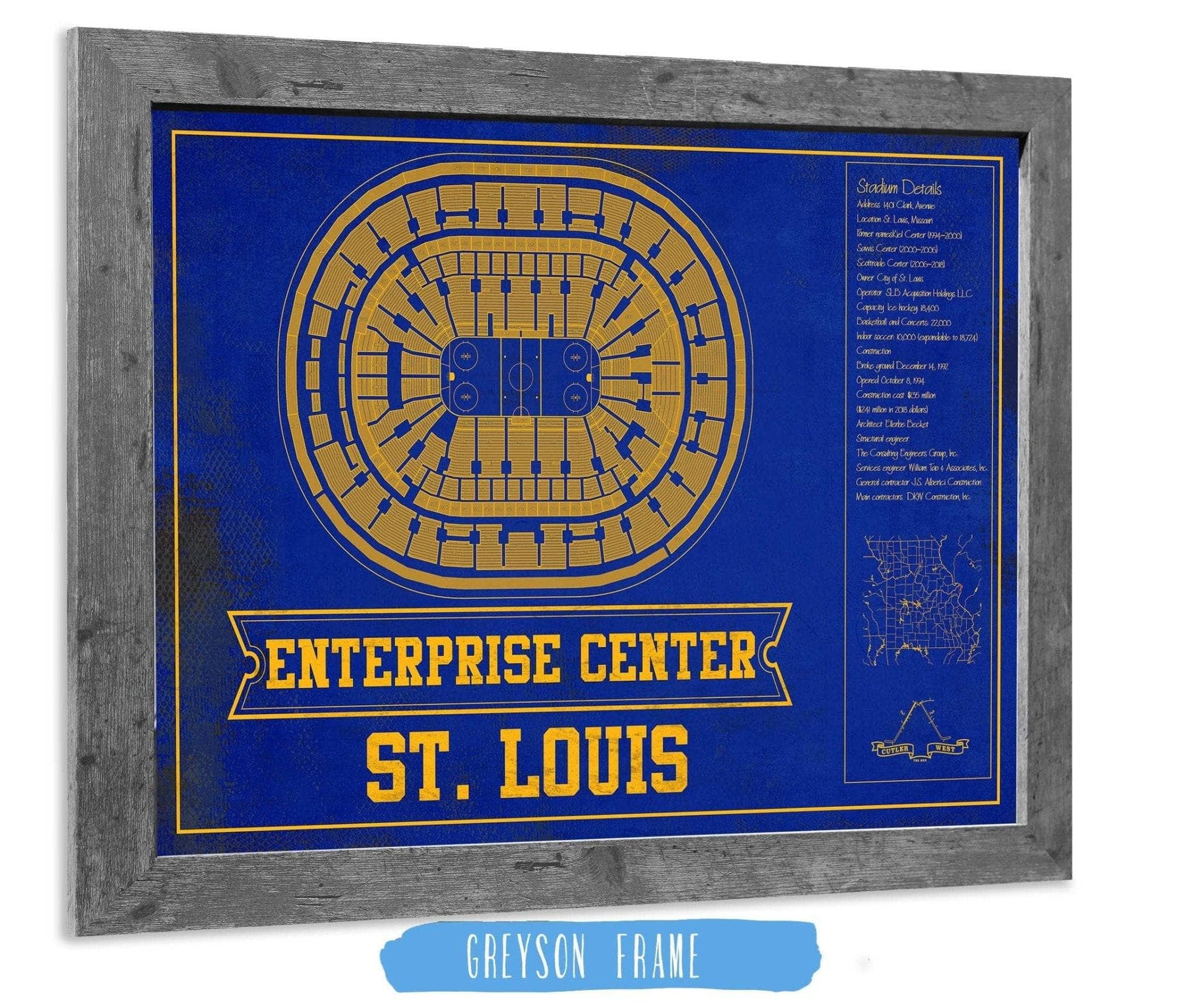 Cutler West 14" x 11" / Greyson Frame St. Louis Blues Team Colors - Enterprise Center Vintage Hockey Blueprint NHL Print 933350221_81189