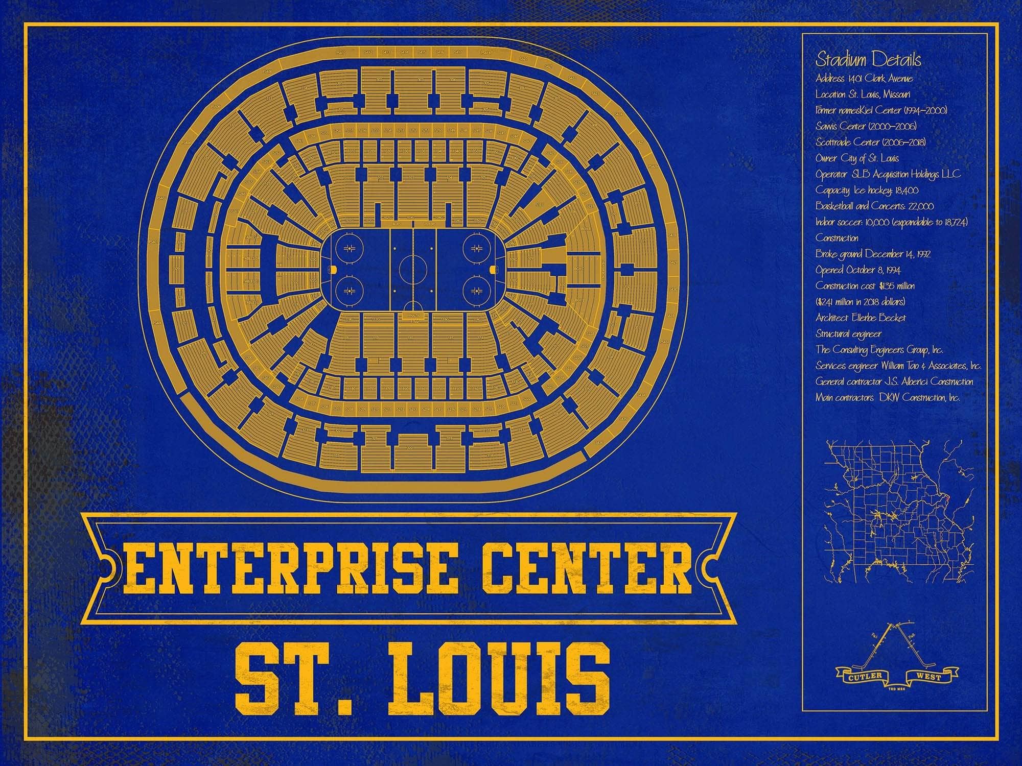 Cutler West 14" x 11" / Unframed St. Louis Blues Team Colors - Enterprise Center Vintage Hockey Blueprint NHL Print 933350221_81182