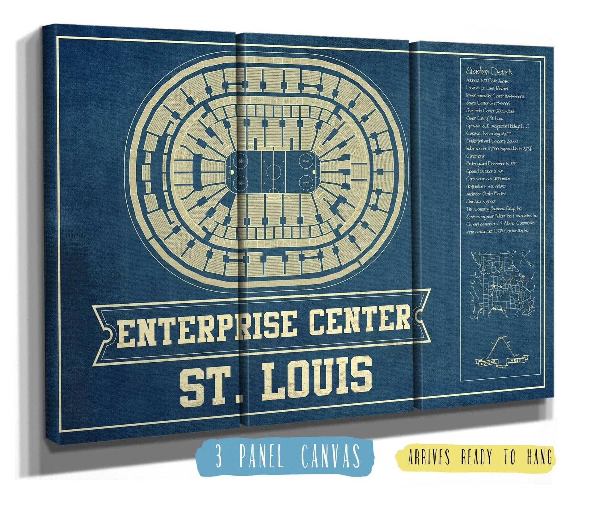 Cutler West 48" x 32" / 3 Panel Canvas Wrap St. Louis Blues - Enterprise Center Vintage Hockey Blueprint NHL Print 933350220_81166