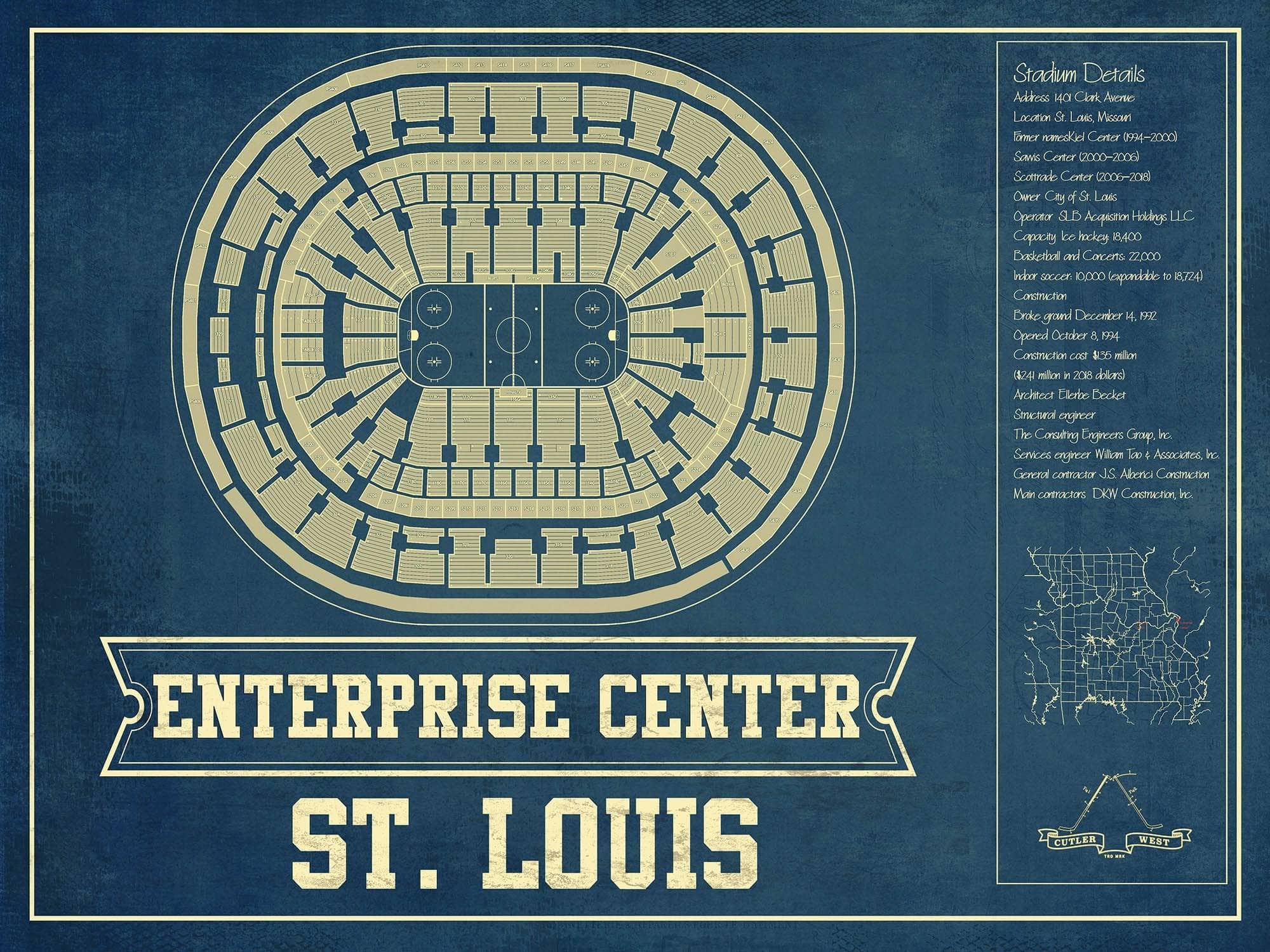 Cutler West 14" x 11" / Unframed St. Louis Blues - Enterprise Center Vintage Hockey Blueprint NHL Print 933350220_81116