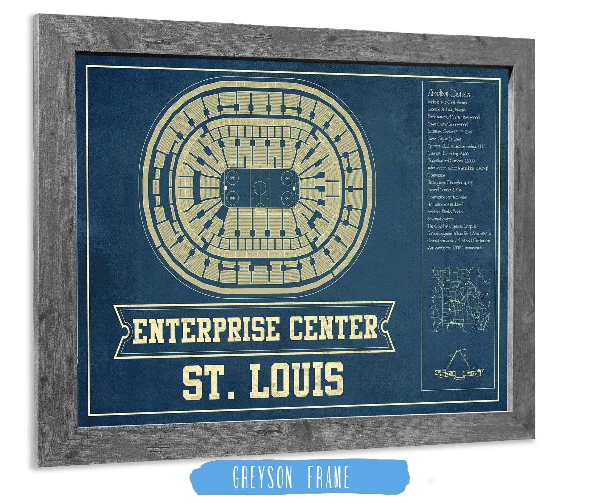 Cutler West 14" x 11" / Greyson Frame St. Louis Blues - Enterprise Center Vintage Hockey Blueprint NHL Print 933350220_81123