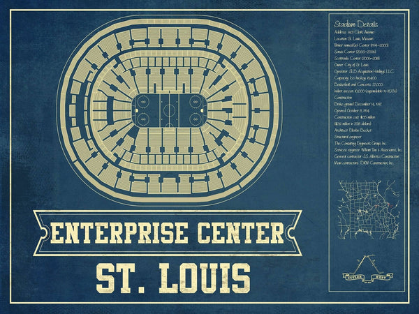 14" x 11" / Unframed Cutler West St. Louis Blues - Enterprise Center Vintage Hockey Blueprint NHL Print