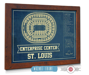 20" x 16" / Walnut Frame Cutler West St. Louis Blues - Enterprise Center Vintage Hockey Blueprint NHL Print