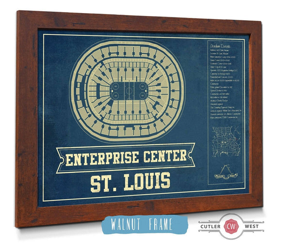 20" x 16" / Walnut Frame Cutler West St. Louis Blues - Enterprise Center Vintage Hockey Blueprint NHL Print